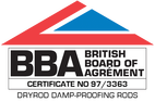 Icon indicating that  DryRod® Damp Proofing London Rods have received the coveted Agrément Certificate, awarded by the British Board of Agrément (BBA).