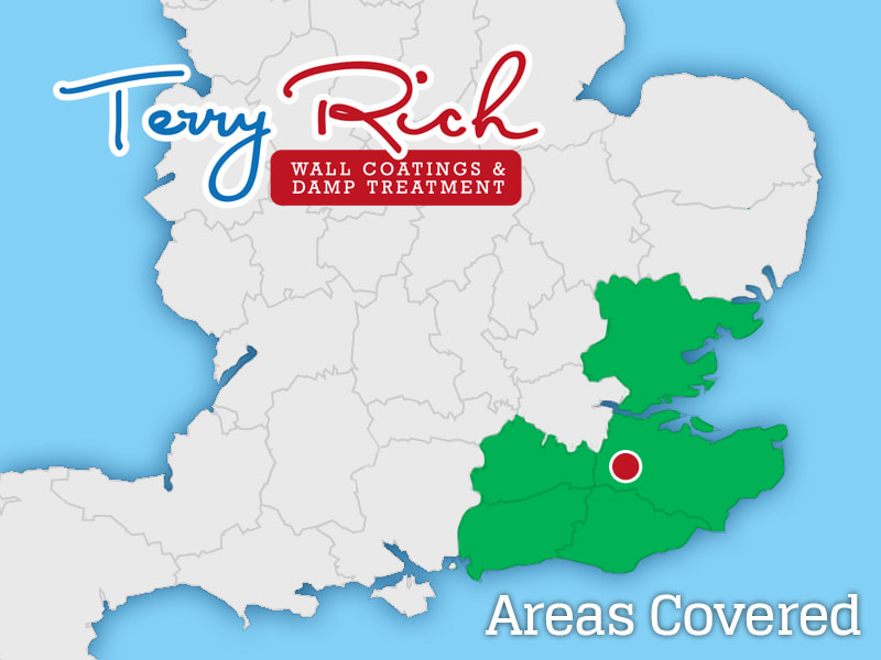 A map of England indicating that Terry Rich offers his services in House Exterior Wall Coatings and Damp Proofing London, Kent & Surrey